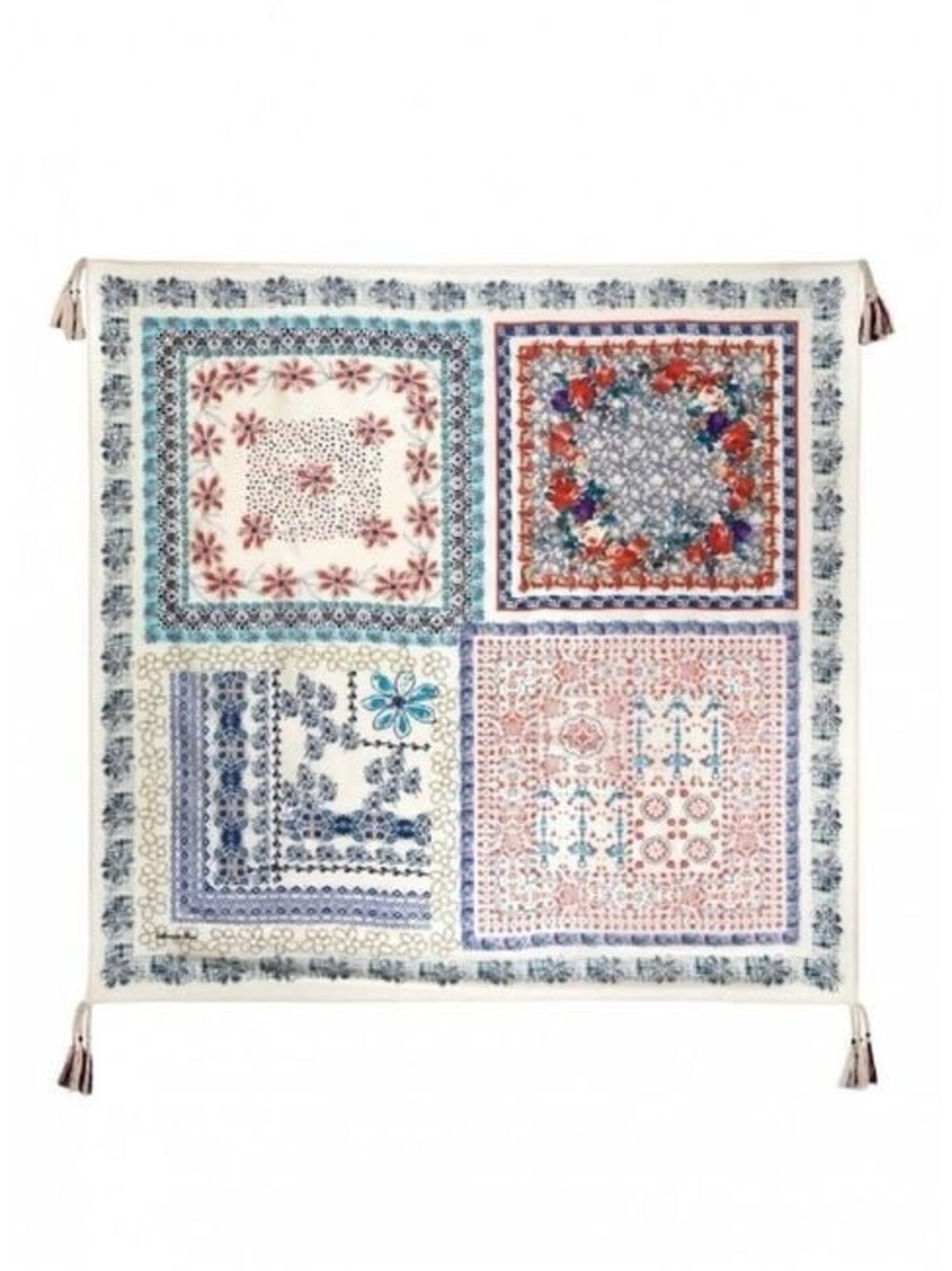 Johnny Was Silk Scarf Wrap Print with Tassels Large Square 43"x43"